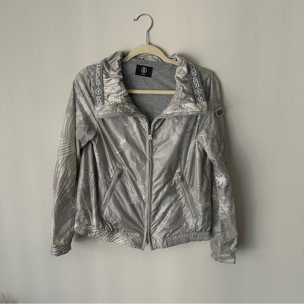 Bogner Sports Full Zip Windbreaker Jacket Flamingo Floral Print Silver Metallic